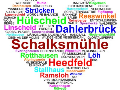 Bunte Herzform aus beschreibenden Begriffen und Ortsteilen von Schalksmühle