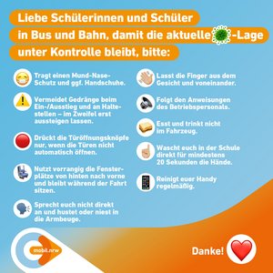 Plakat mit Vorschriften für Schülerinnen und Schüler in Bus und Bahn