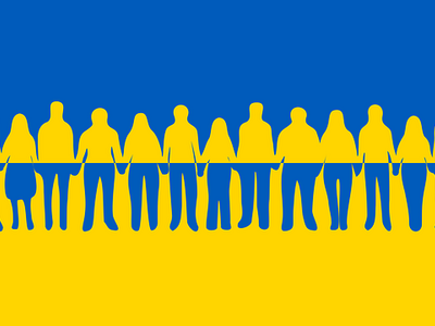 Blau-gelbe Flagge der Ukraine mit Menschen 