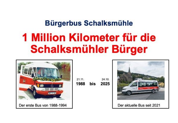 Links ein Bild vom ersten Bürgerbus 1988-1994. Rechts ein Bild vom aktuellen modernen Bus seit 2021. von 1988 bis 2025 eine Million Kilometer gefahren.