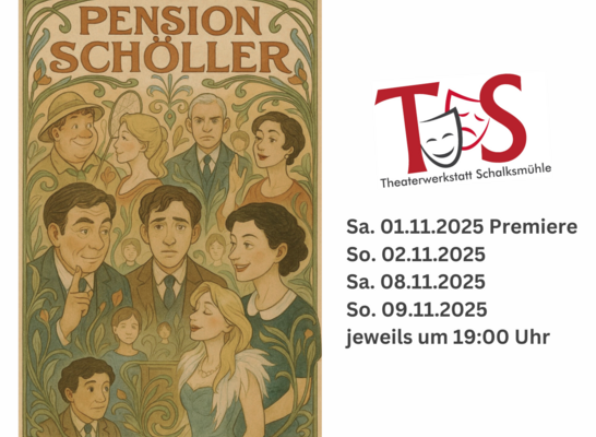 KI-Generierte comicartige Zeichnung von Personen mit der Überschrift Pension Schöller