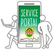 Logo Serviceportal Schalksmühle - zwei gezeichnete Personenumrisse lehnen an einem übergroßen Mobiltelefon