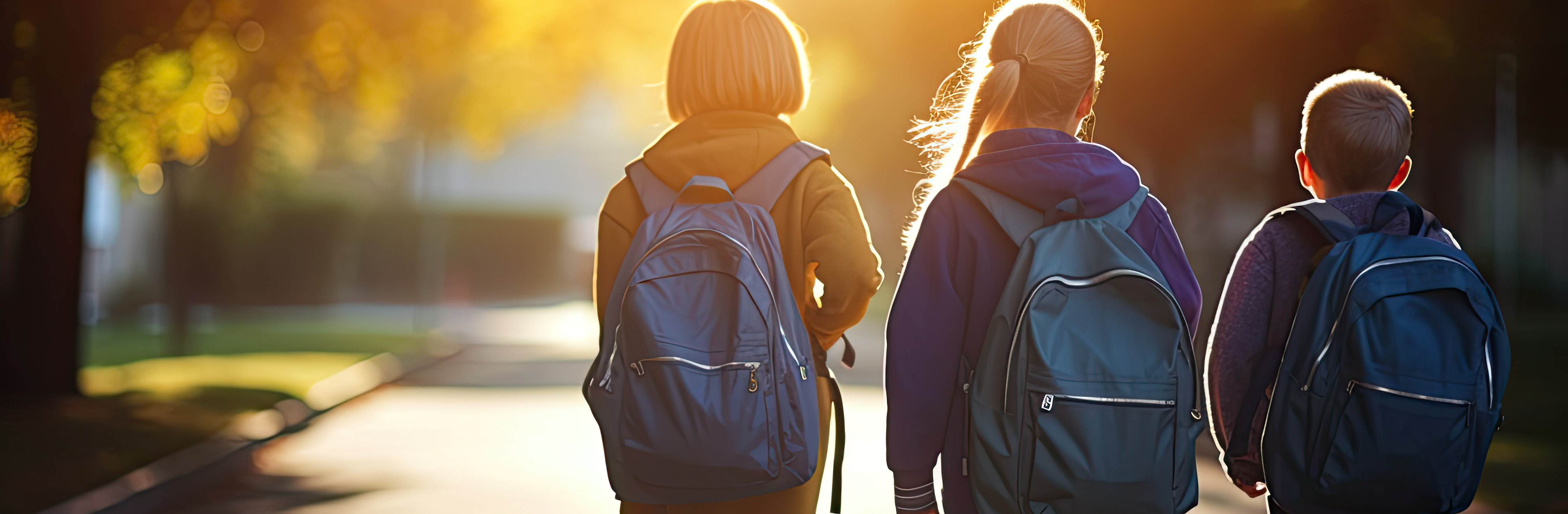 Kinder mit Rucksack laufen in die Schule, generiert mit KI