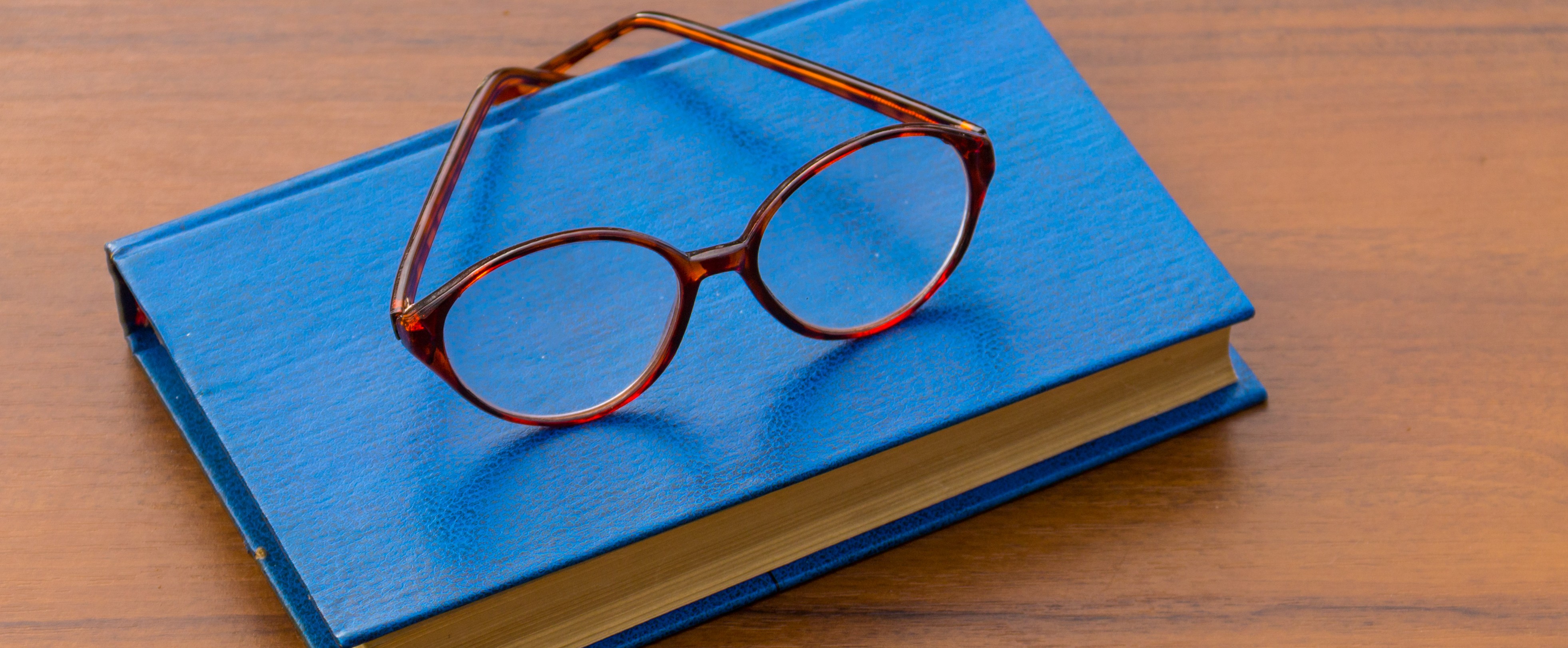 Blaues geschlossenes Buch mit aufliegender Brille