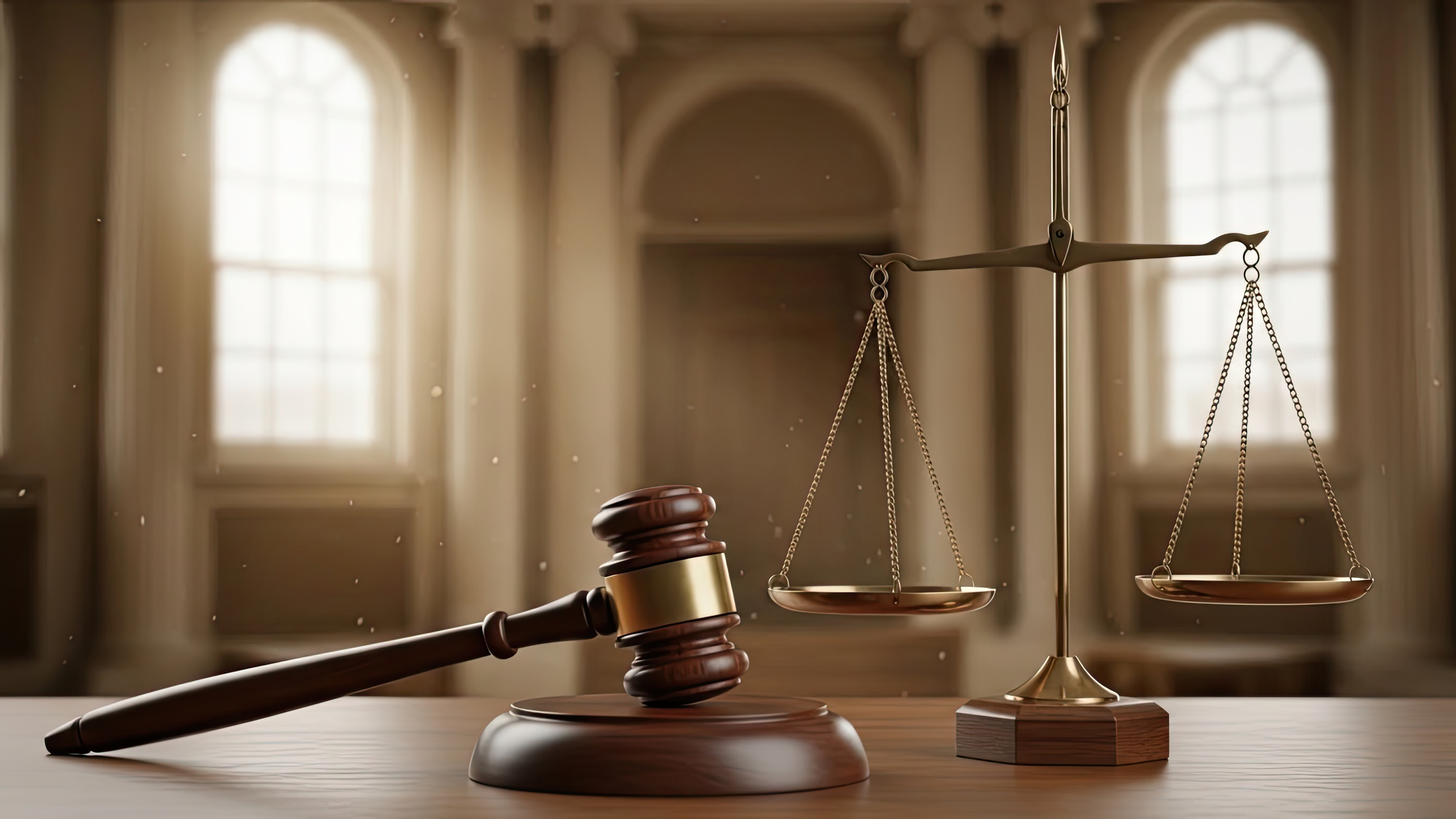 Waage der Justitia und Richterhammer im Gerichtssaal