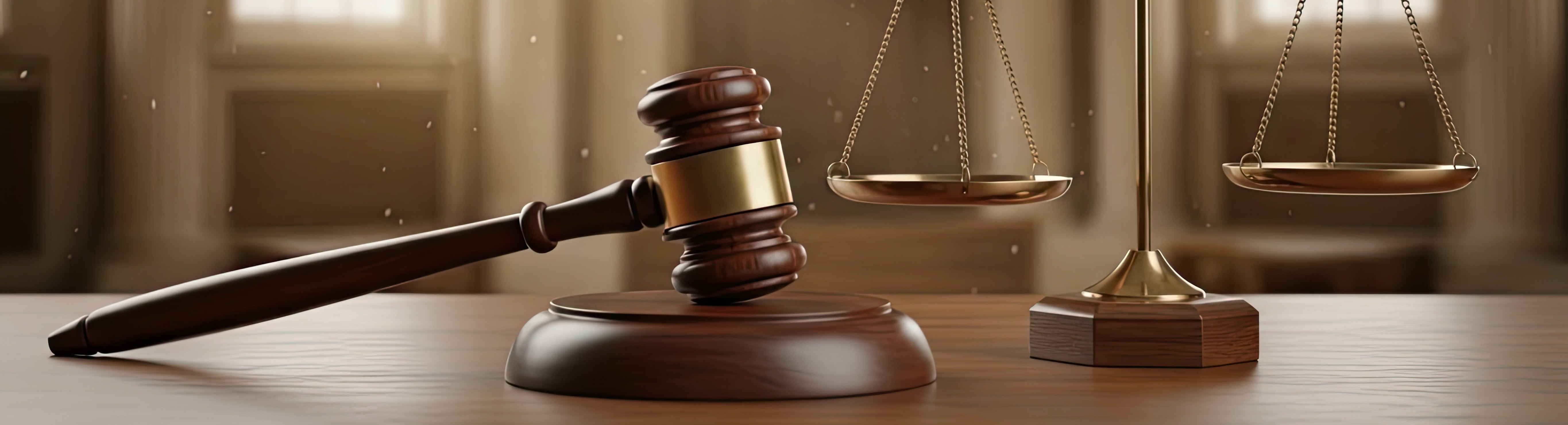 Waage der Justitia und Richterhammer im Gerichtssaal