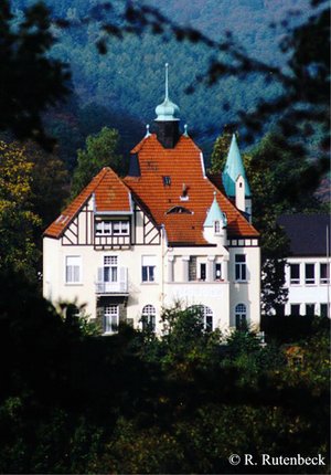 Villa in der Bergstraße mit mehreren kleinen Türmen und rotem Dach